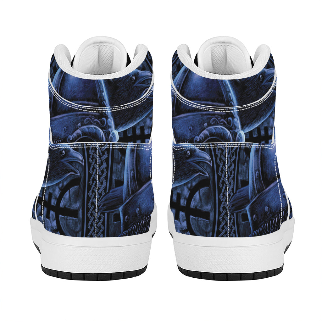 Blue Viking God Odin And Crow Print High Top Leather Sneakers