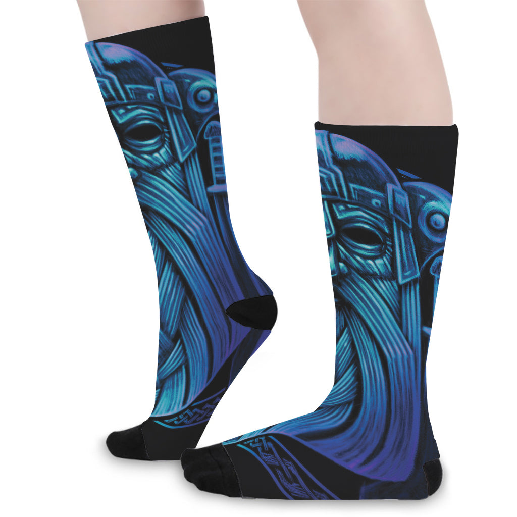 Blue Viking Norse God Odin Print Long Socks