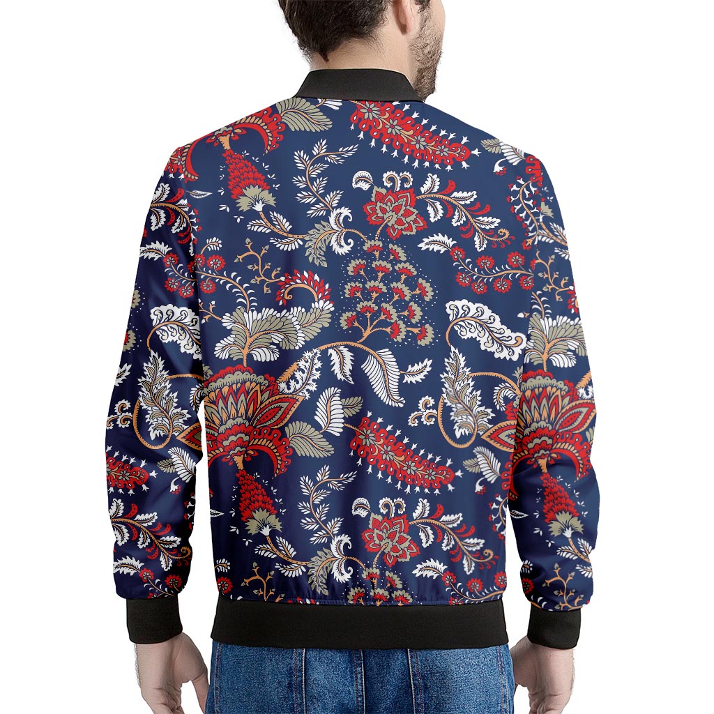 Blue Vintage Bohemian Floral Print Men's Bomber Jacket