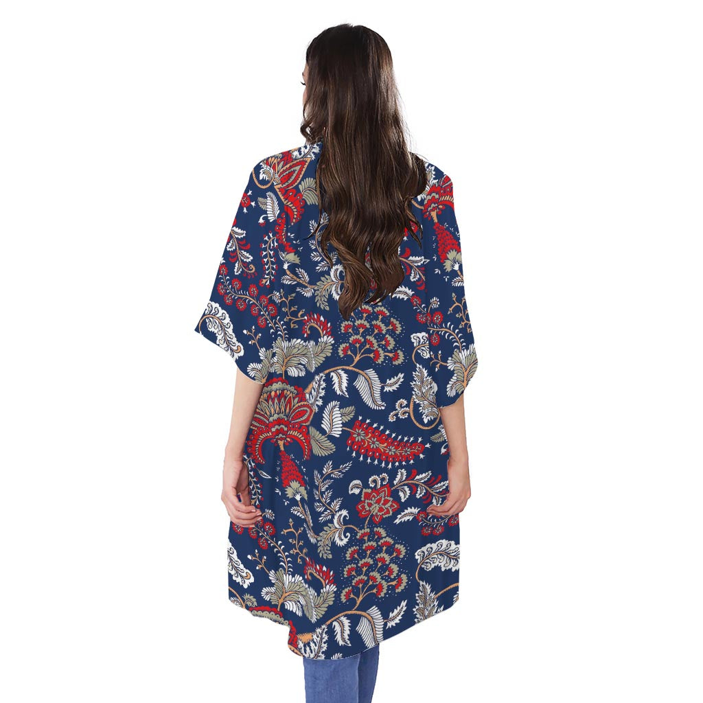 Blue Vintage Bohemian Floral Print Open Front Beach Cover Up