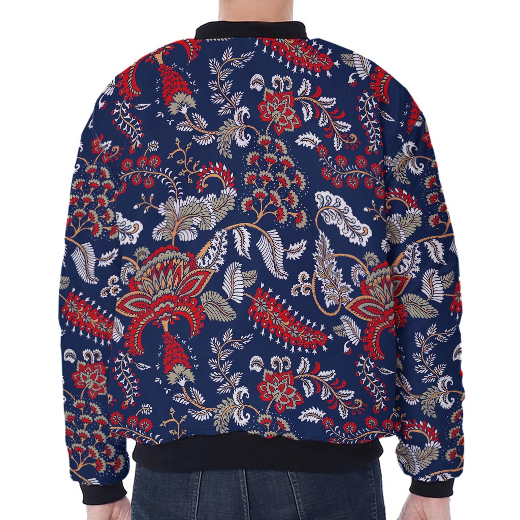 Blue Vintage Bohemian Floral Print Zip Sleeve Bomber Jacket