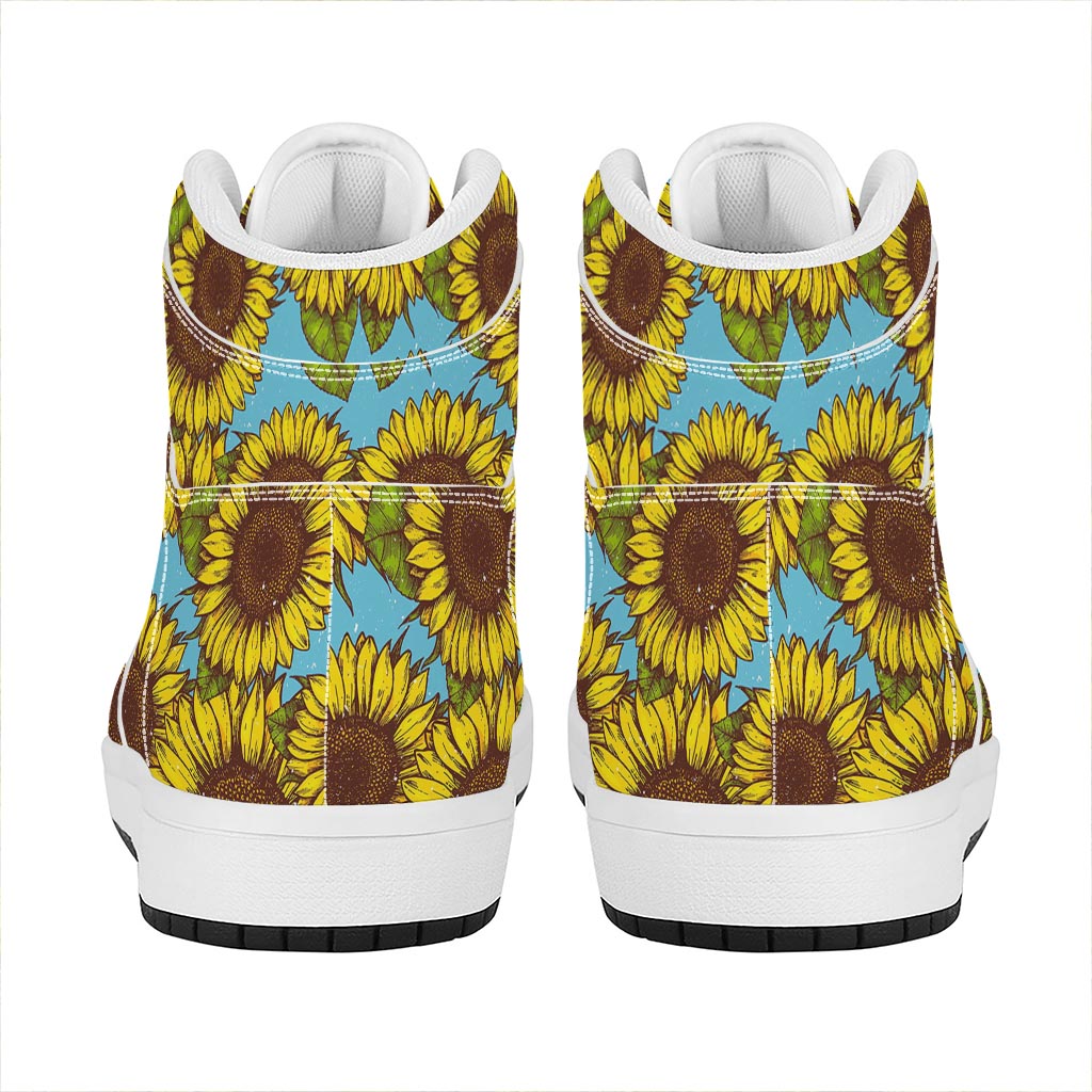 Blue Vintage Sunflower Pattern Print High Top Leather Sneakers