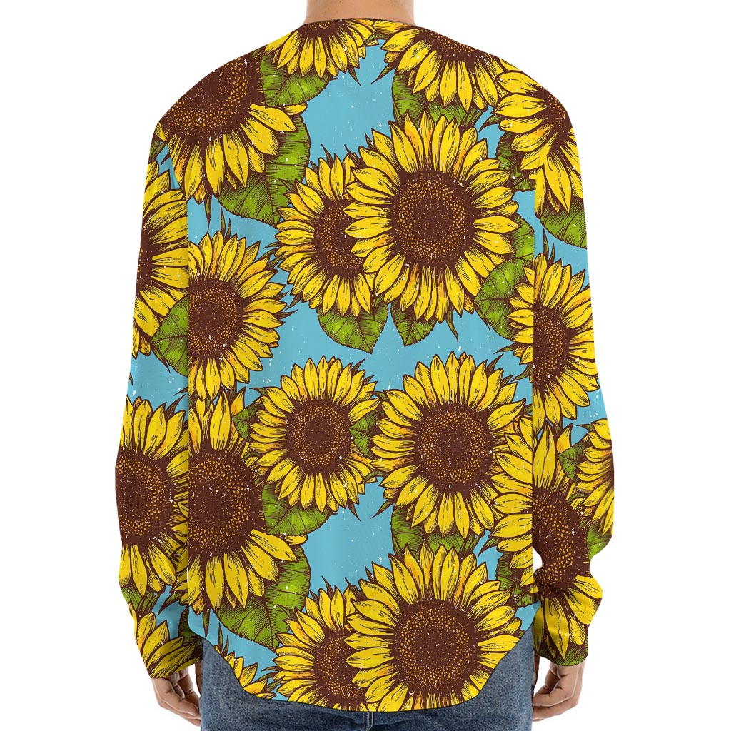 Blue Vintage Sunflower Pattern Print Long Sleeve Baseball Jersey