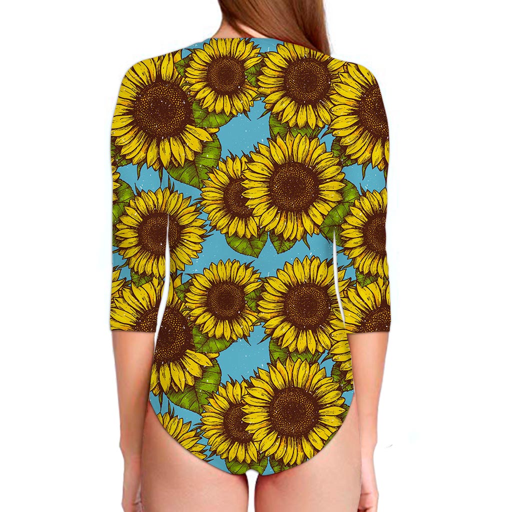Blue Vintage Sunflower Pattern Print Long Sleeve Swimsuit
