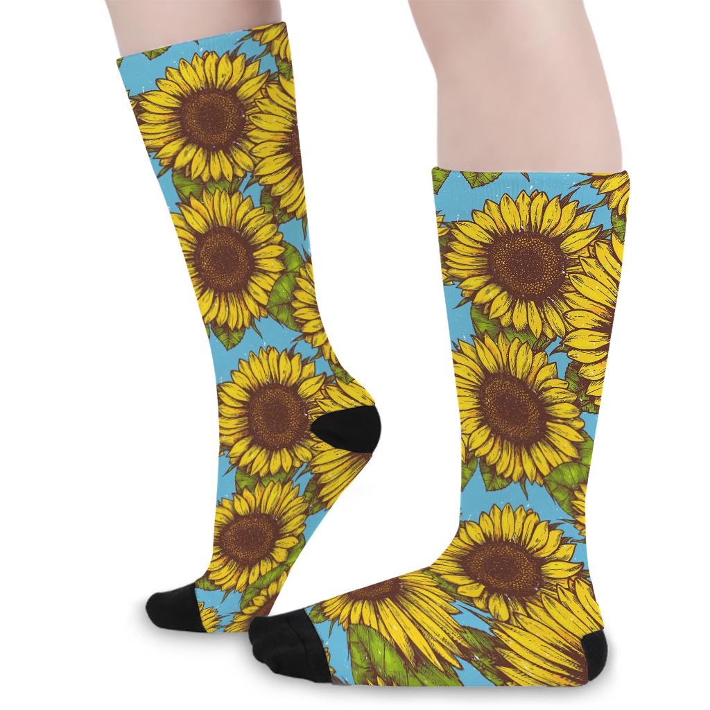 Blue Vintage Sunflower Pattern Print Long Socks