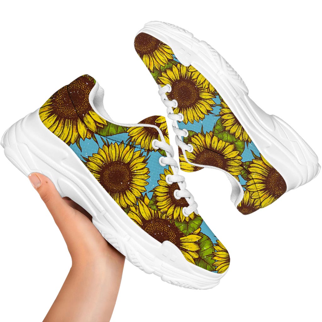 Blue Vintage Sunflower Pattern Print White Chunky Shoes