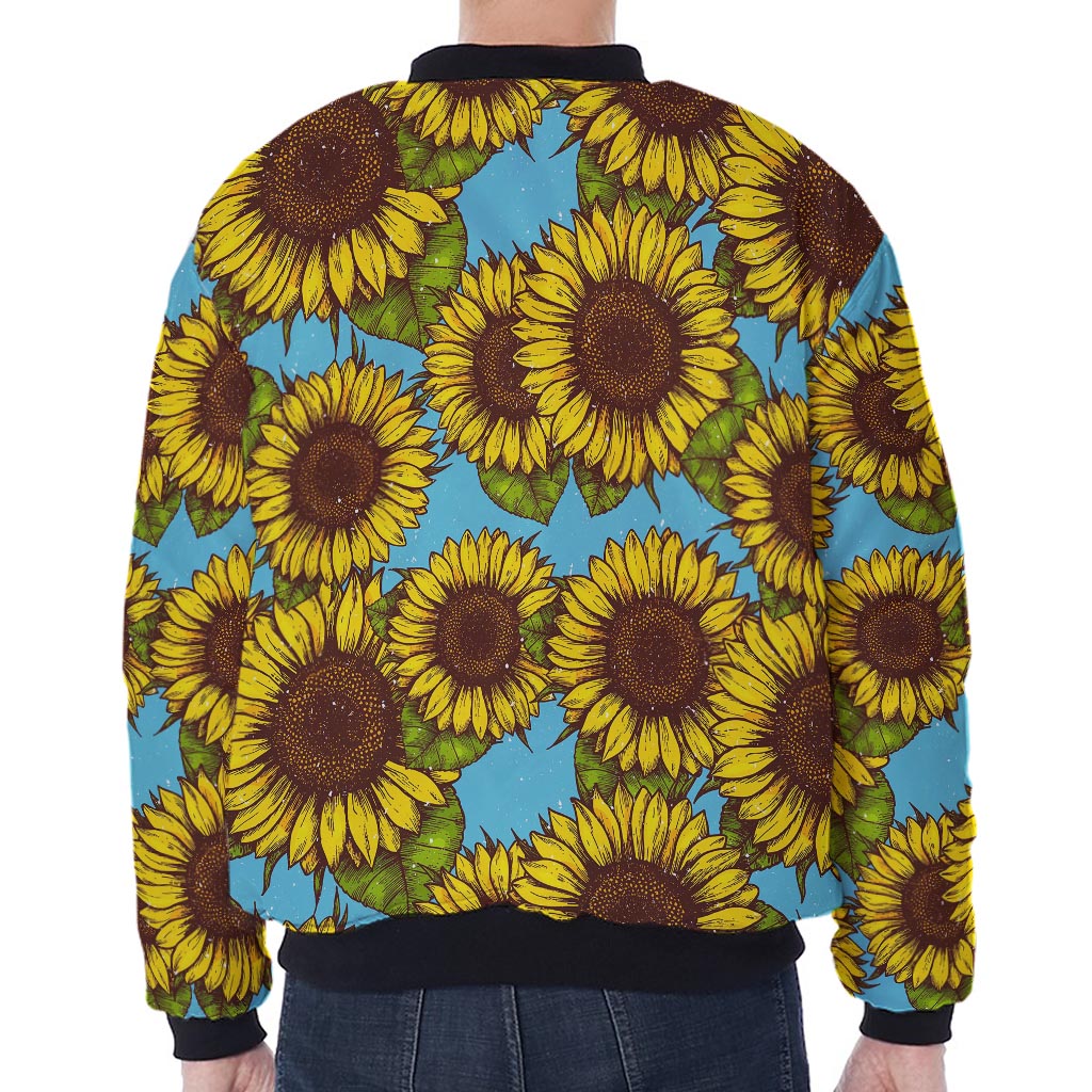 Blue Vintage Sunflower Pattern Print Zip Sleeve Bomber Jacket
