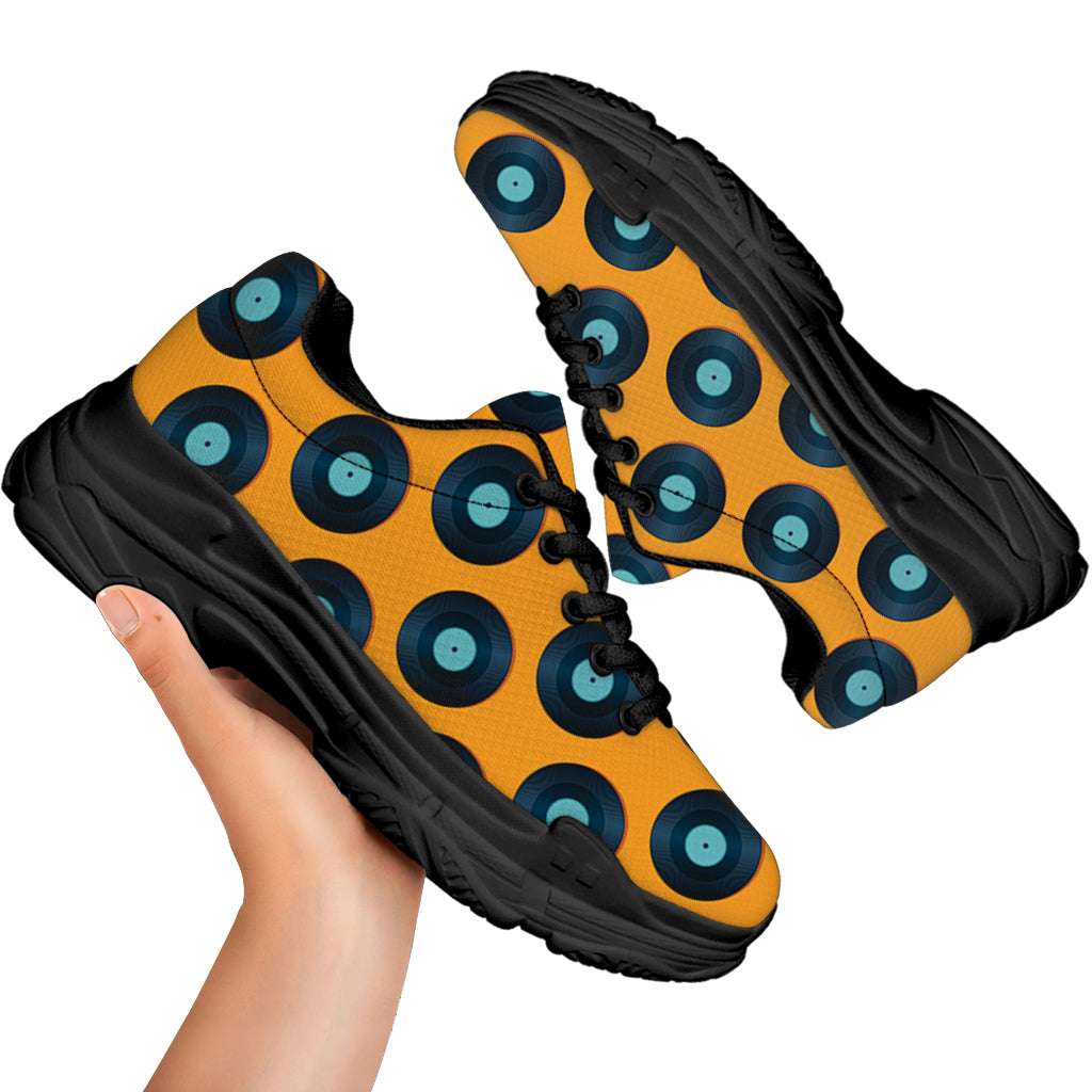Blue Vinyl Record Pattern Print Black Chunky Shoes