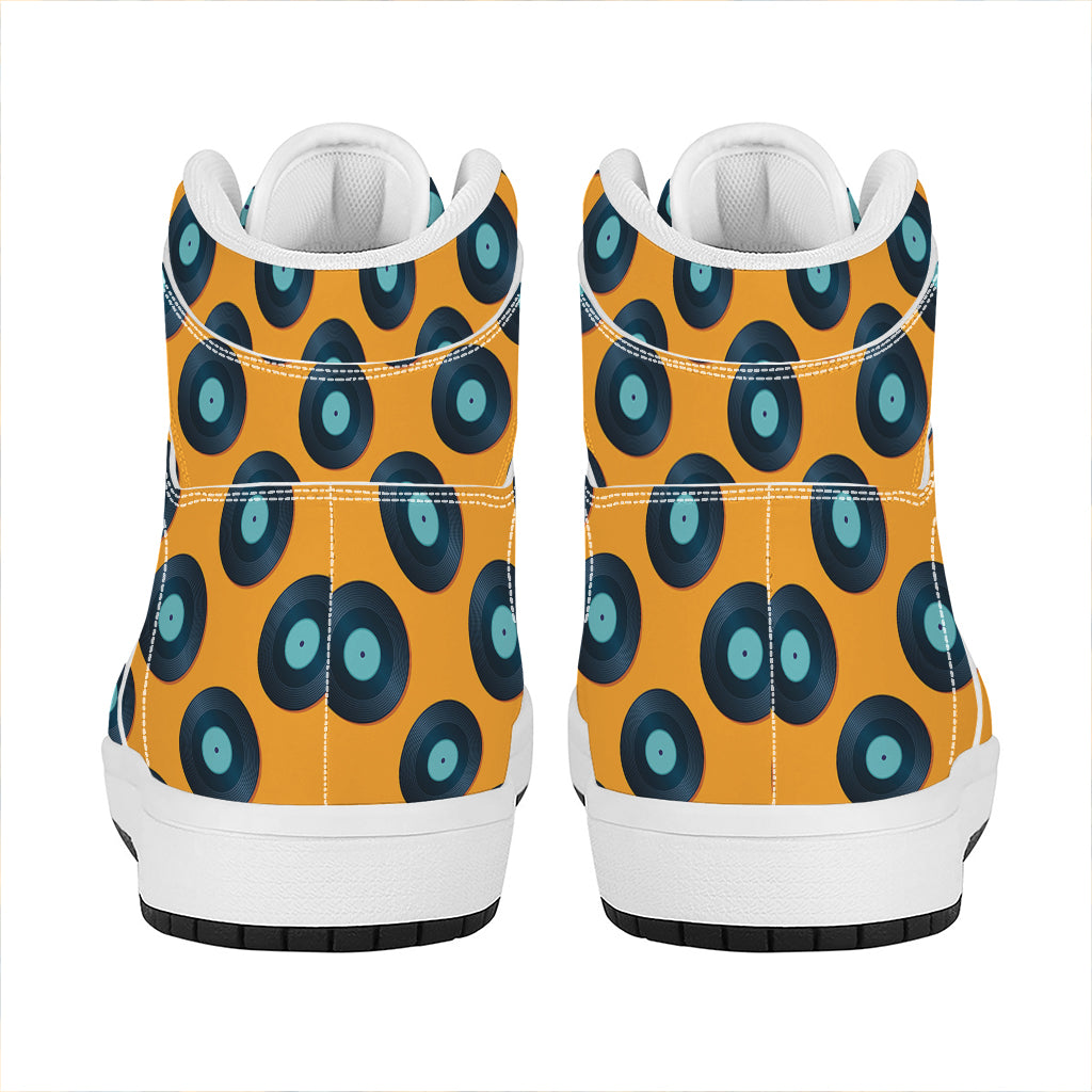 Blue Vinyl Record Pattern Print High Top Leather Sneakers