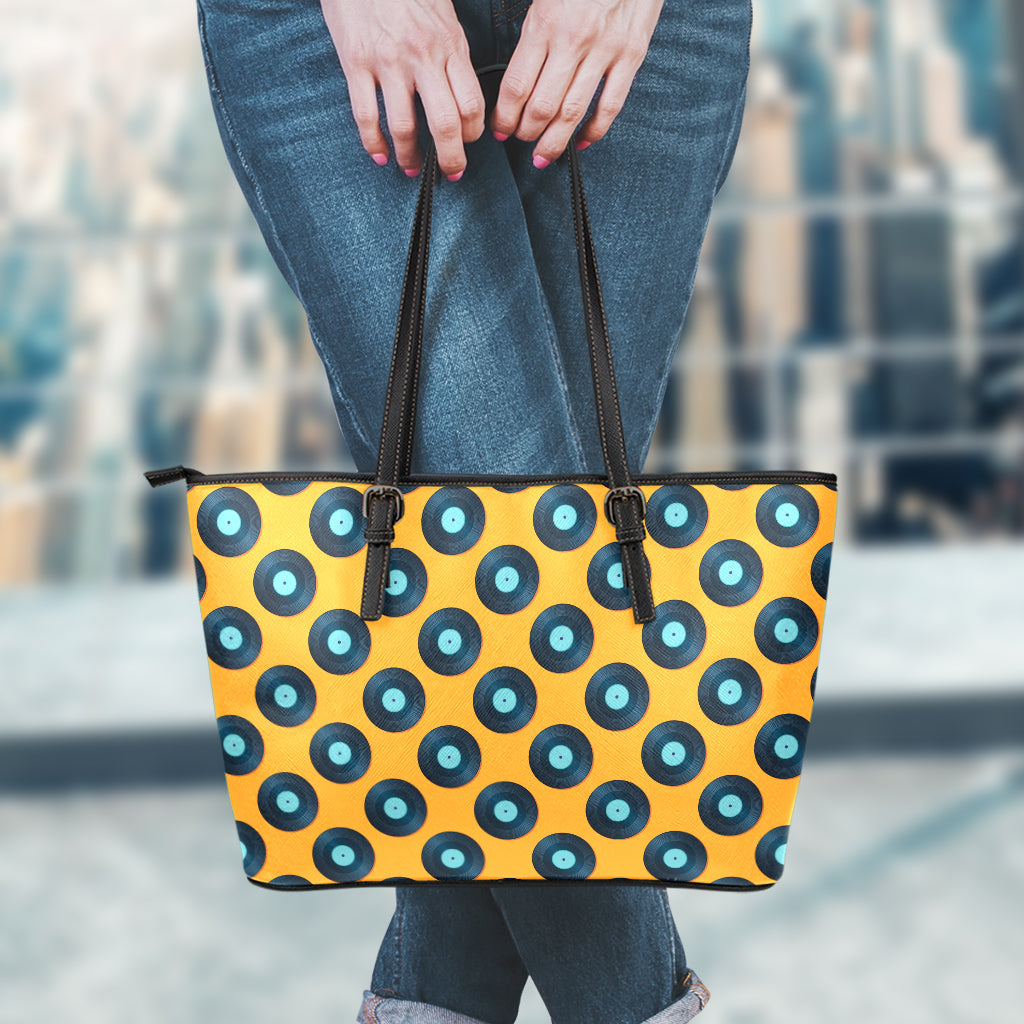 Blue Vinyl Record Pattern Print Leather Tote Bag
