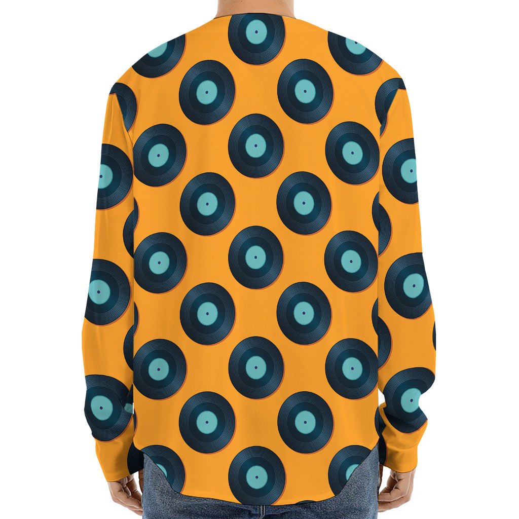 Blue Vinyl Record Pattern Print Long Sleeve Baseball Jersey