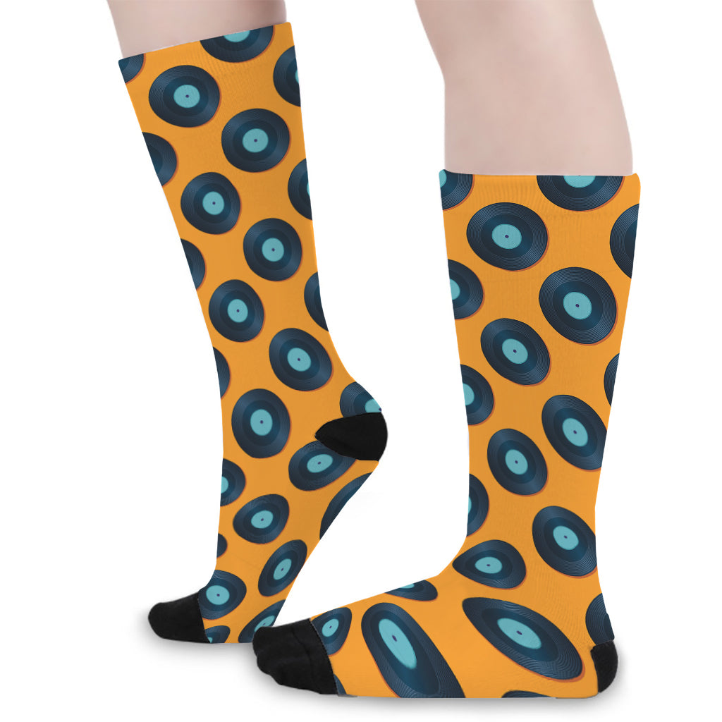 Blue Vinyl Record Pattern Print Long Socks