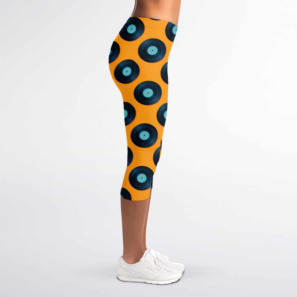 Blue Vinyl Record Pattern Print Women's Capri Leggings