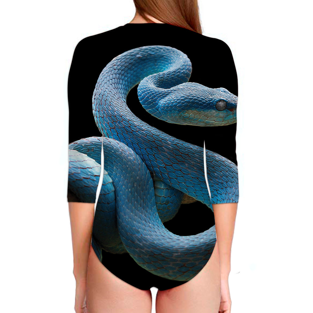 Blue Viper Snake Print Long Sleeve Swimsuit