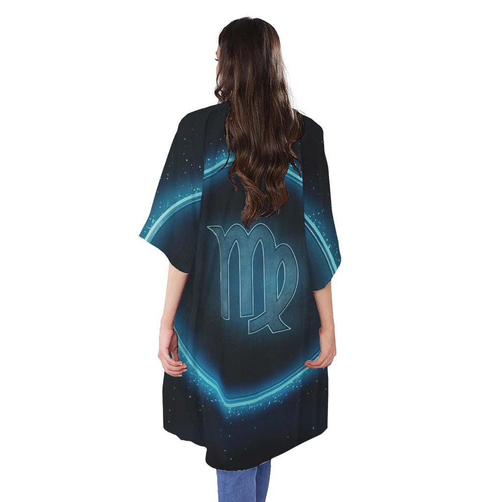 Blue Virgo Zodiac Sign Print Open Front Beach Cover Up