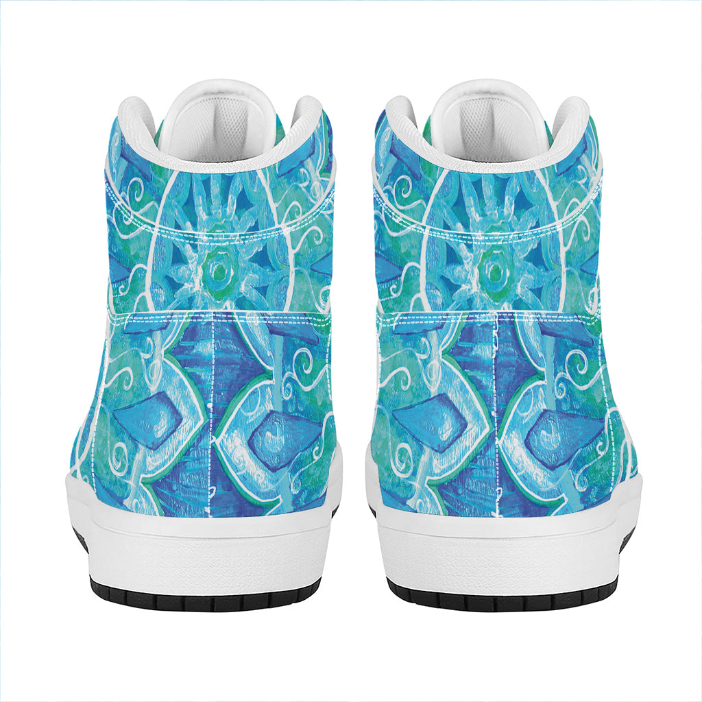 Blue Vishuddha Chakra Mandala Print High Top Leather Sneakers