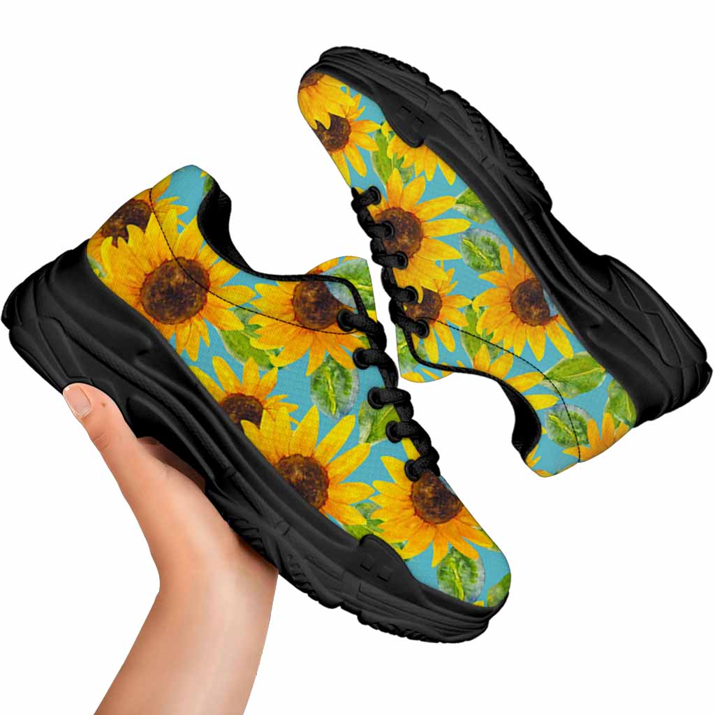 Blue Watercolor Sunflower Pattern Print Black Chunky Shoes