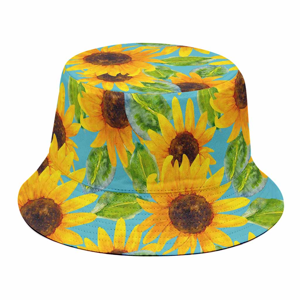Blue Watercolor Sunflower Pattern Print Bucket Hat