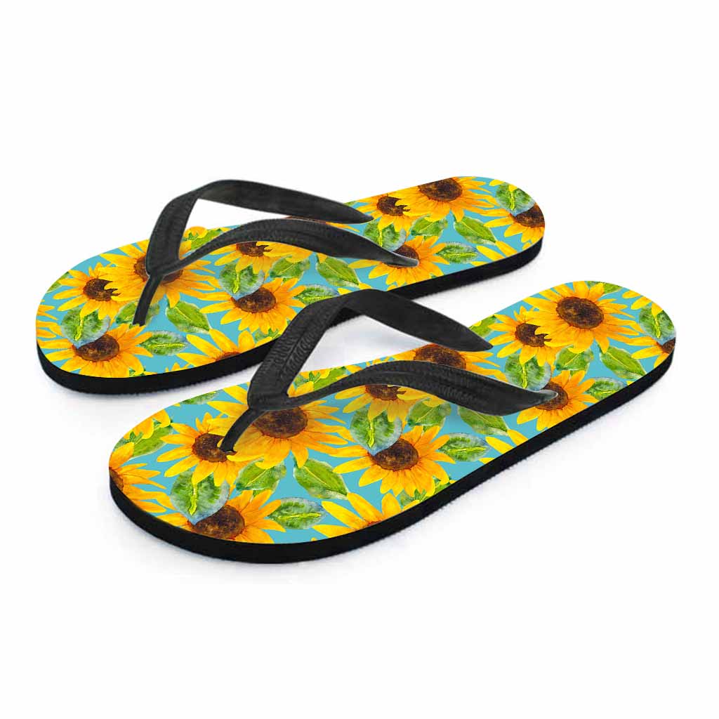 Blue Watercolor Sunflower Pattern Print Flip Flops