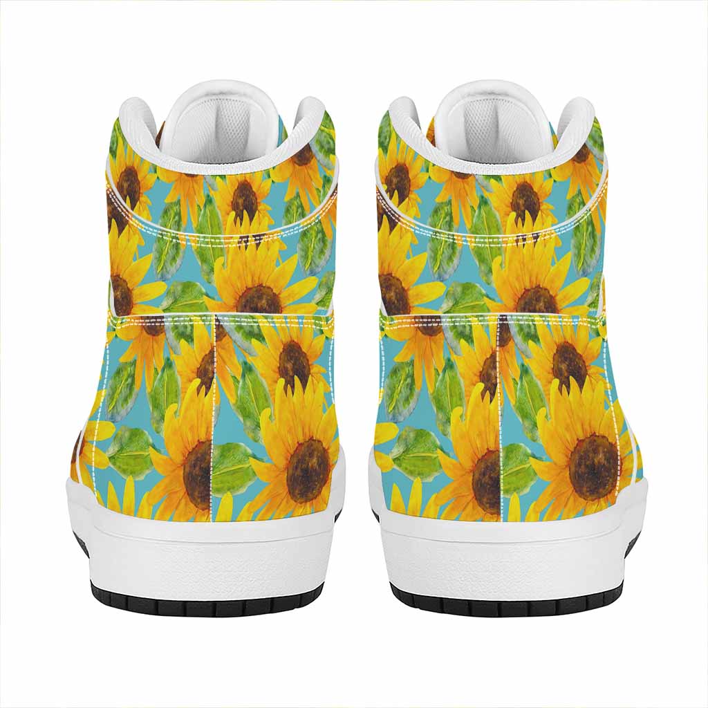 Blue Watercolor Sunflower Pattern Print High Top Leather Sneakers