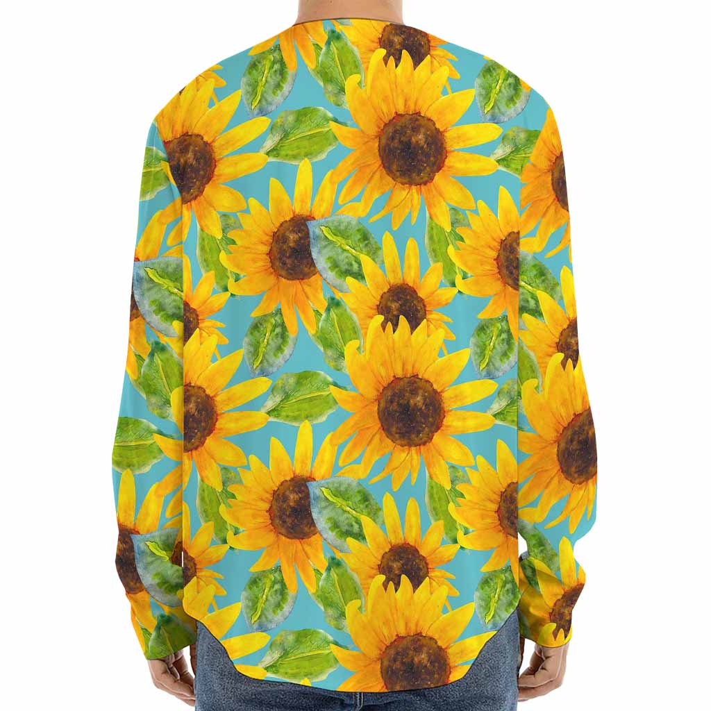 Blue Watercolor Sunflower Pattern Print Long Sleeve Baseball Jersey