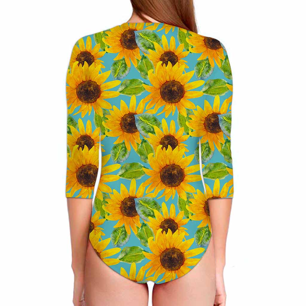 Blue Watercolor Sunflower Pattern Print Long Sleeve Swimsuit