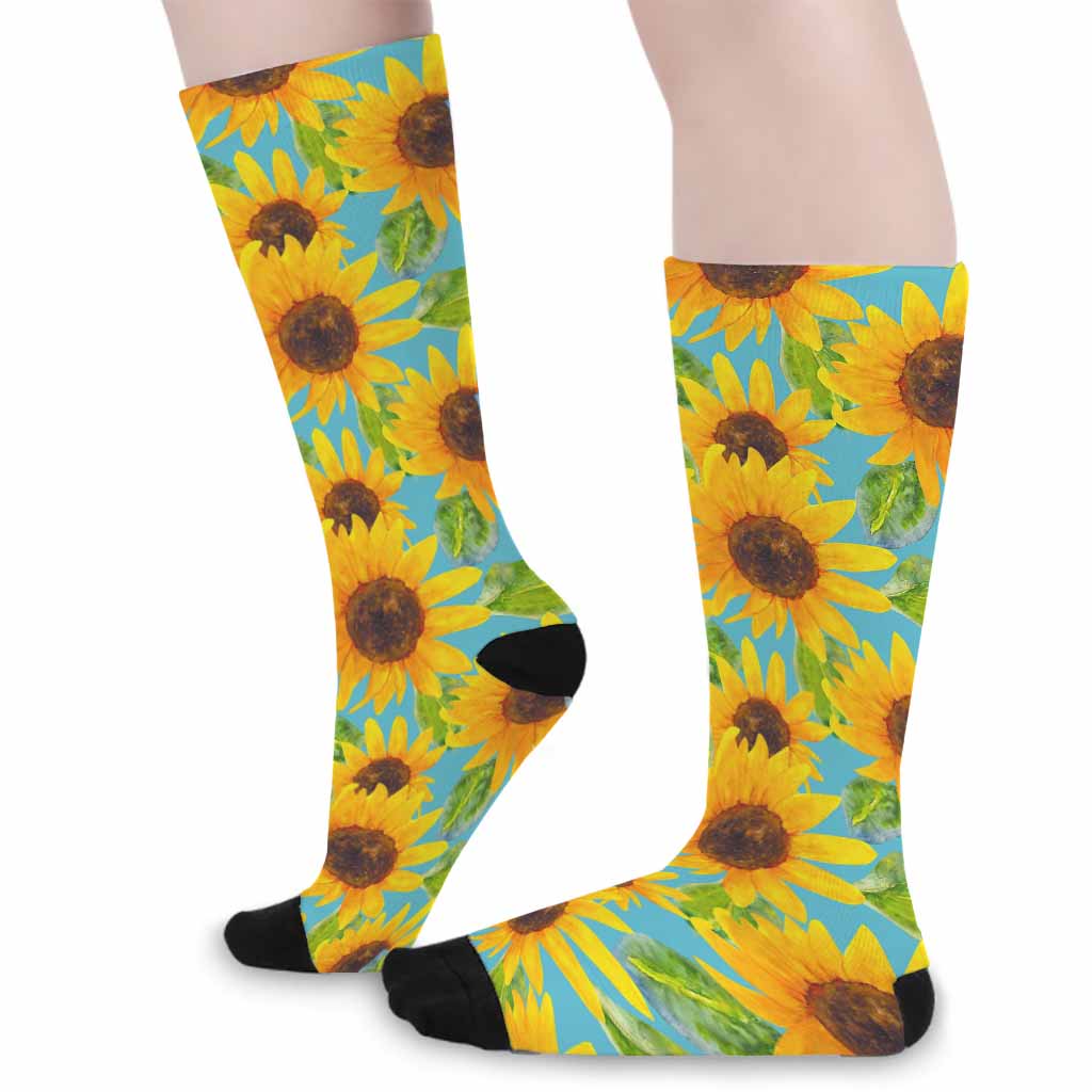 Blue Watercolor Sunflower Pattern Print Long Socks