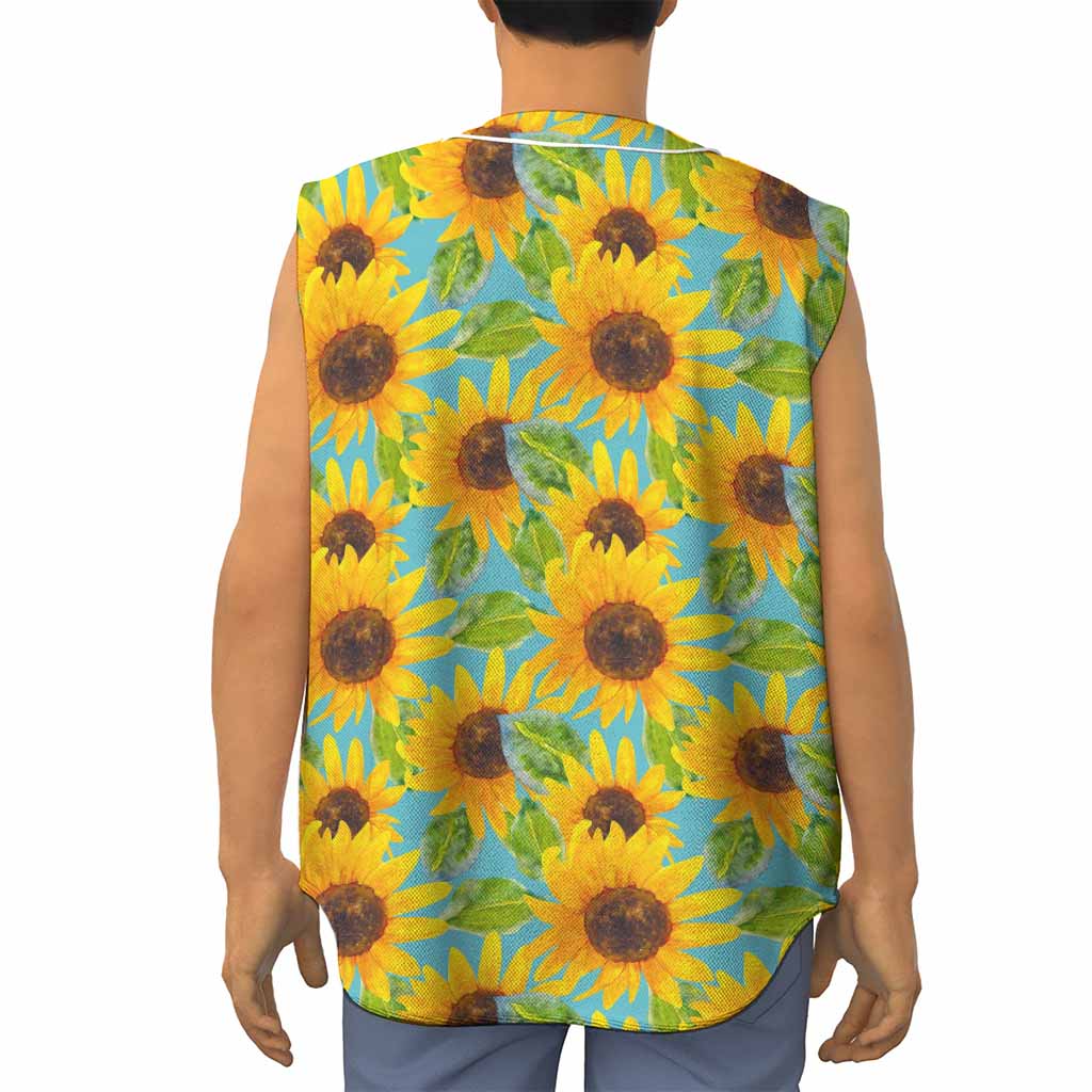 Blue Watercolor Sunflower Pattern Print Sleeveless Baseball Jersey