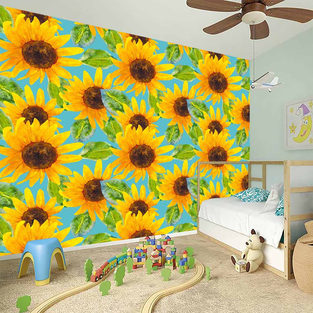 Blue Watercolor Sunflower Pattern Print Wall Sticker