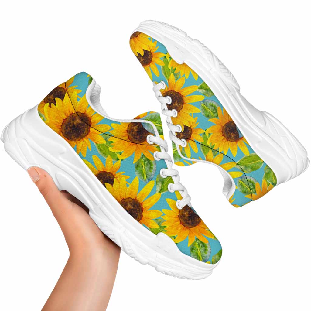 Blue Watercolor Sunflower Pattern Print White Chunky Shoes