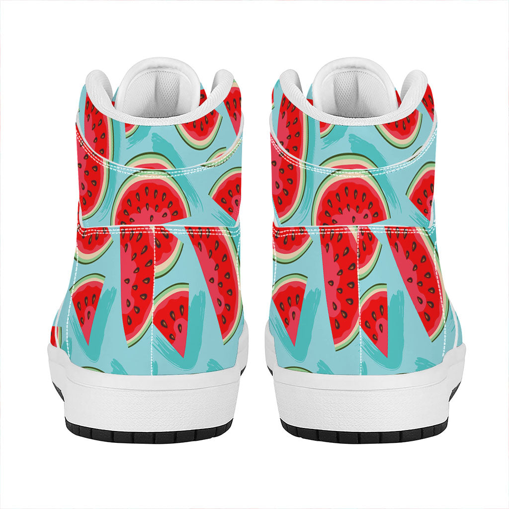 Blue Watermelon Pieces Pattern Print High Top Leather Sneakers