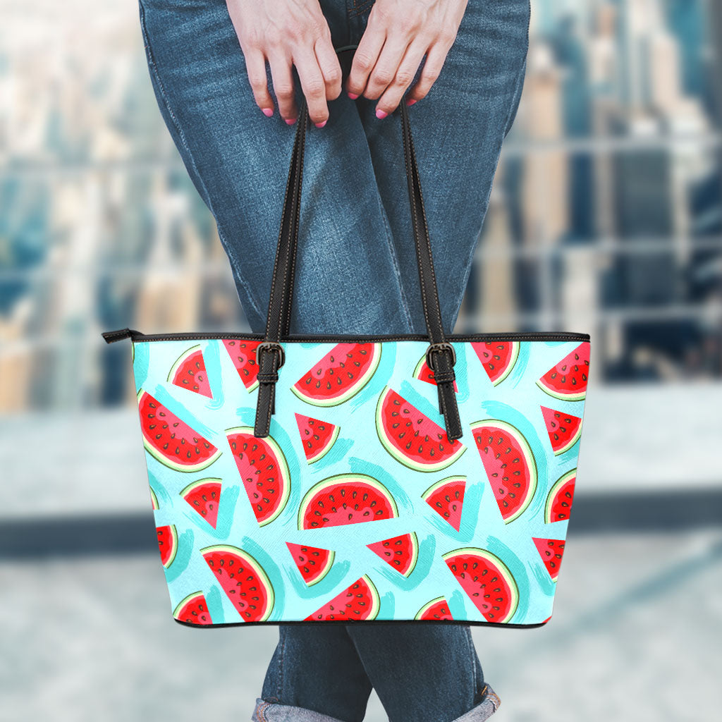 Blue Watermelon Pieces Pattern Print Leather Tote Bag