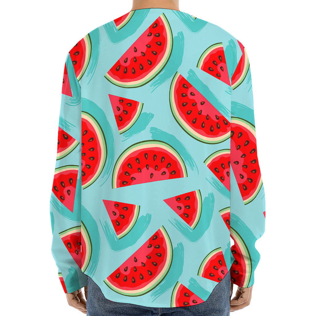 Blue Watermelon Pieces Pattern Print Long Sleeve Baseball Jersey
