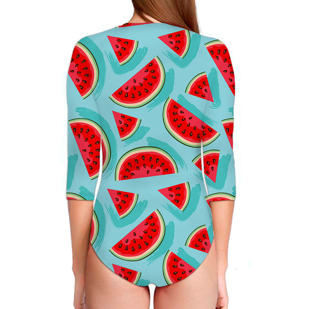 Blue Watermelon Pieces Pattern Print Long Sleeve Swimsuit