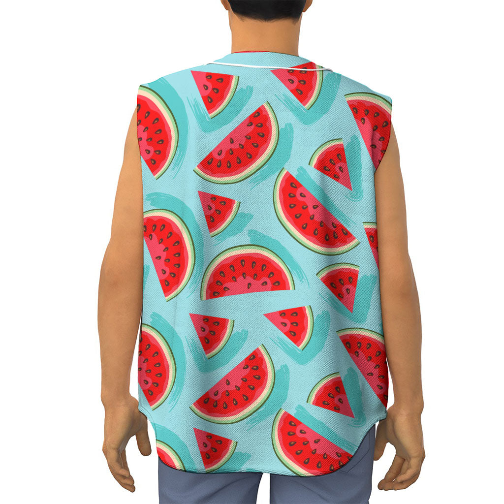 Blue Watermelon Pieces Pattern Print Sleeveless Baseball Jersey