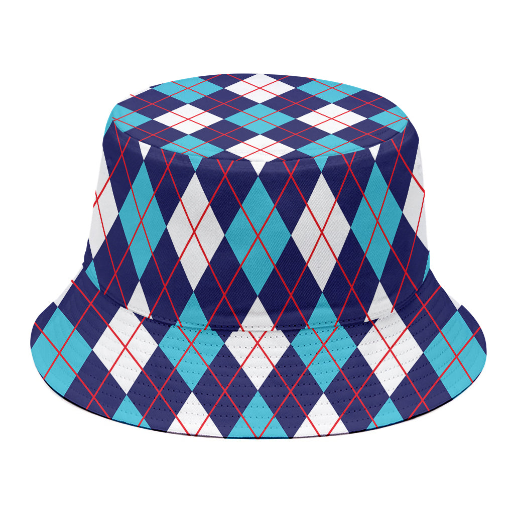 Blue White And Red Argyle Pattern Print Bucket Hat