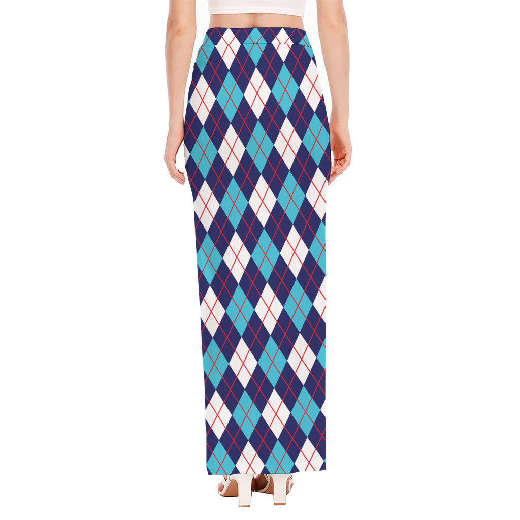 Blue White And Red Argyle Pattern Print High Slit Maxi Skirt