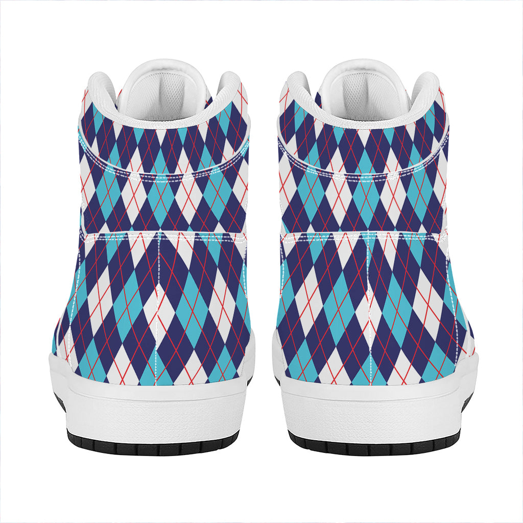 Blue White And Red Argyle Pattern Print High Top Leather Sneakers