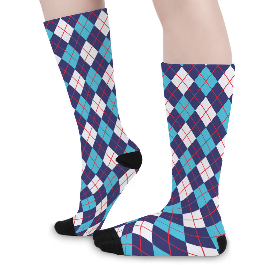 Blue White And Red Argyle Pattern Print Long Socks