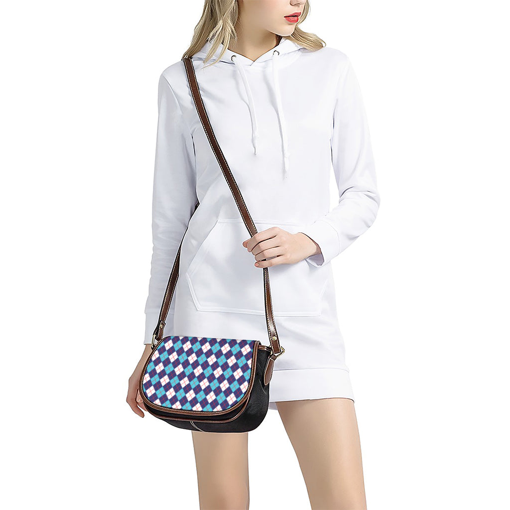 Blue White And Red Argyle Pattern Print Saddle Bag