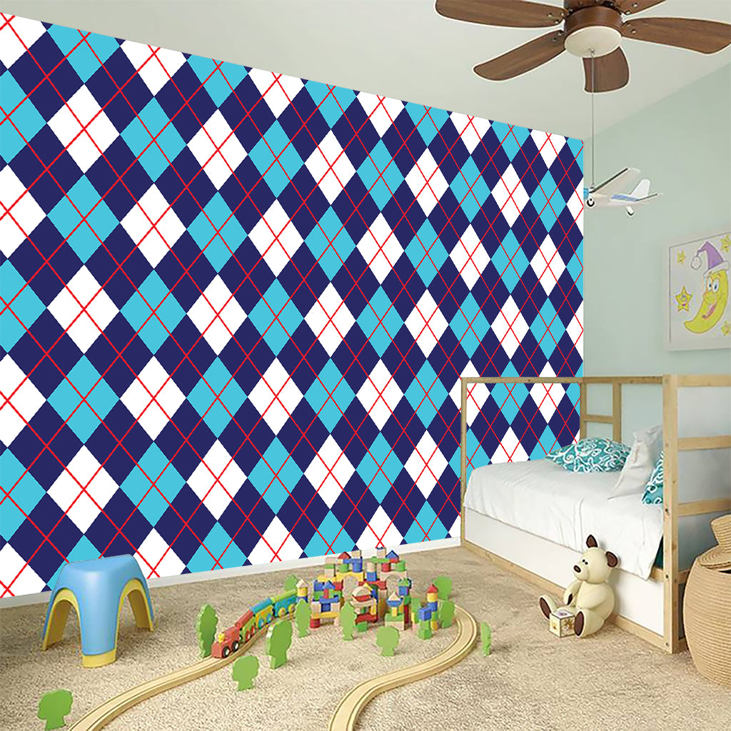 Blue White And Red Argyle Pattern Print Wall Sticker