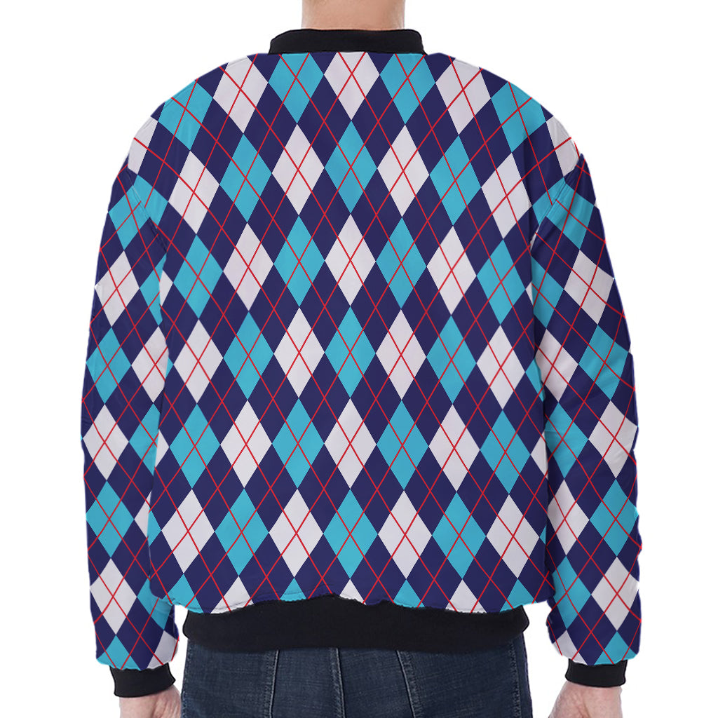 Blue White And Red Argyle Pattern Print Zip Sleeve Bomber Jacket