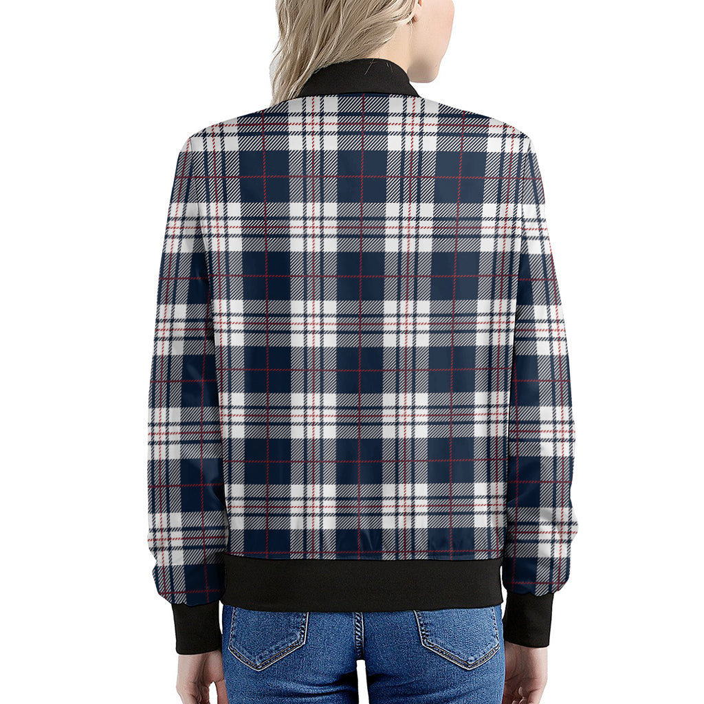 Blue White And Red Tartan Pattern Print Women's Bomber Jacket