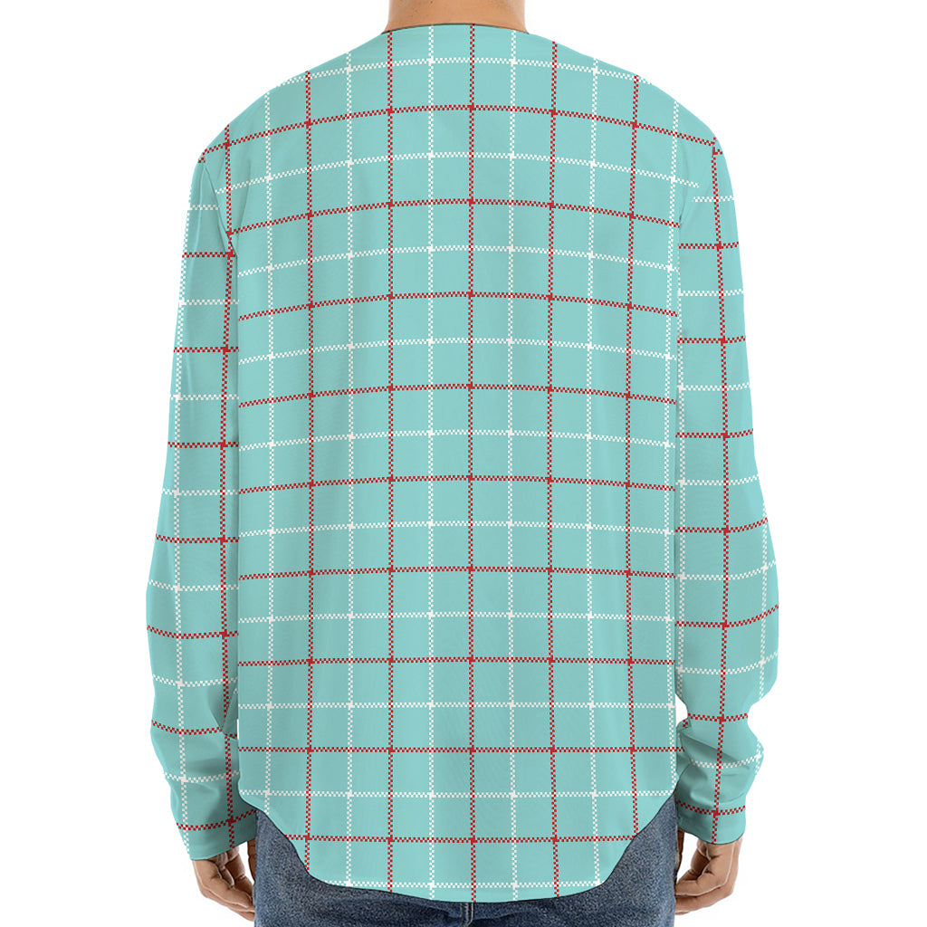 Blue White And Red Tattersall Print Long Sleeve Baseball Jersey