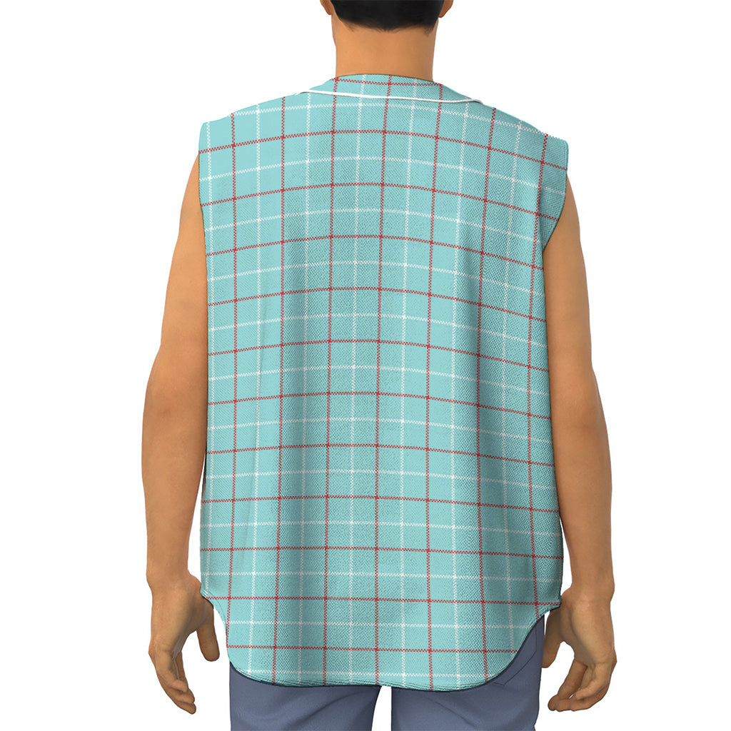 Blue White And Red Tattersall Print Sleeveless Baseball Jersey