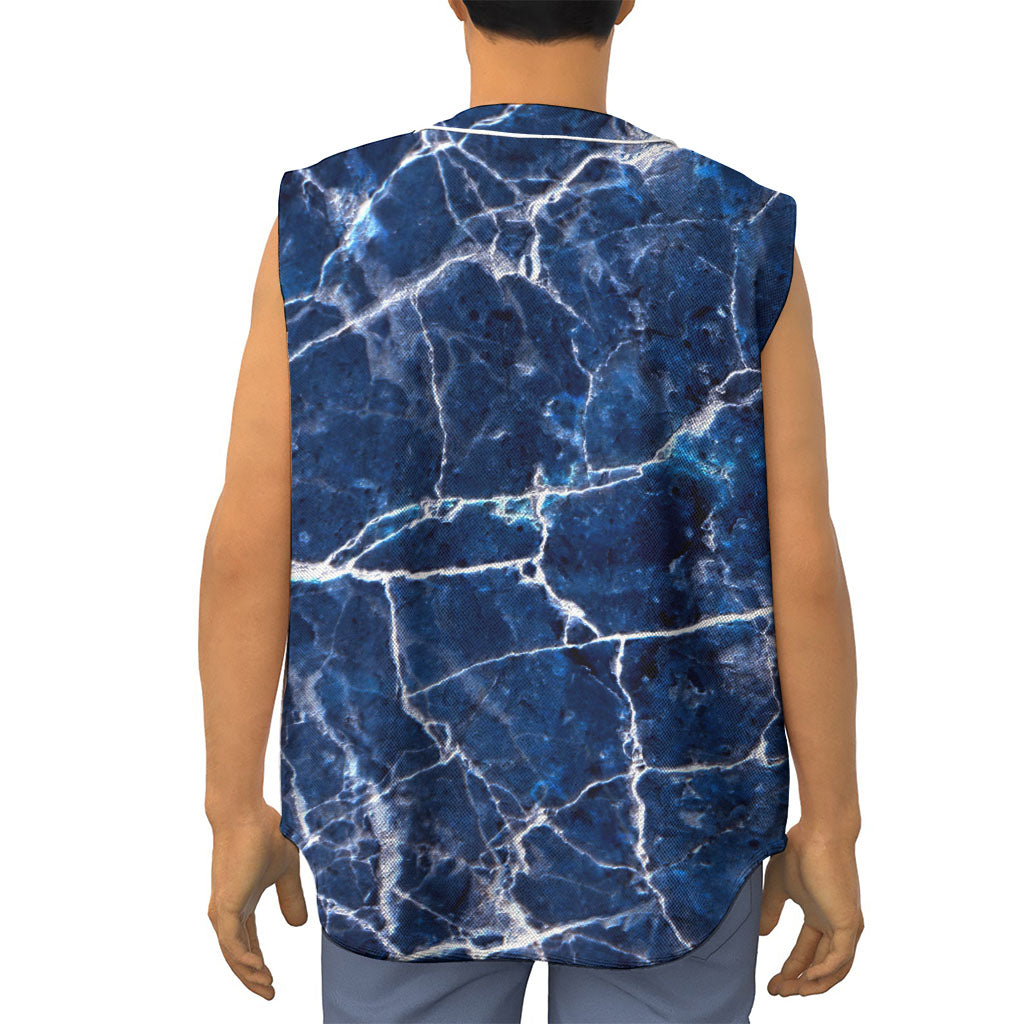 Blue White Marble Print Sleeveless Baseball Jersey