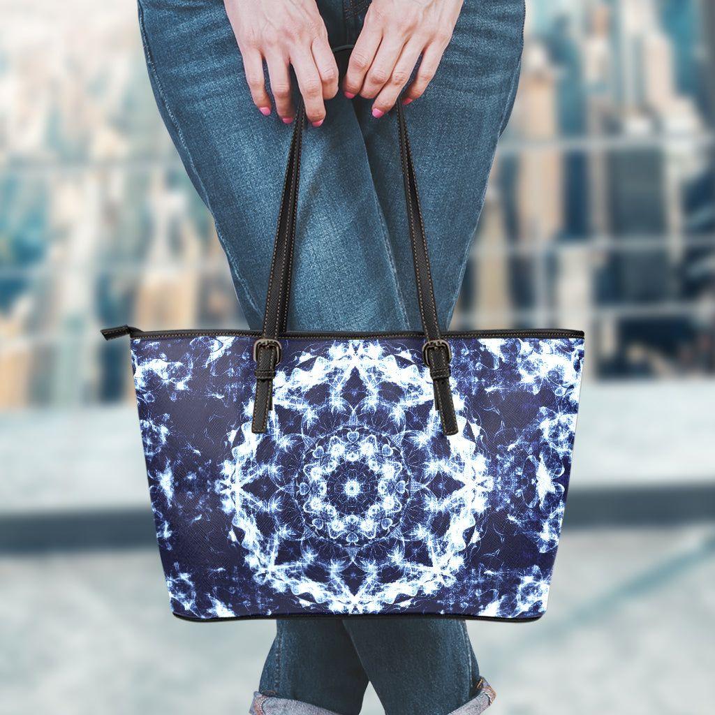 Blue Winter Mandala Print Leather Tote Bag