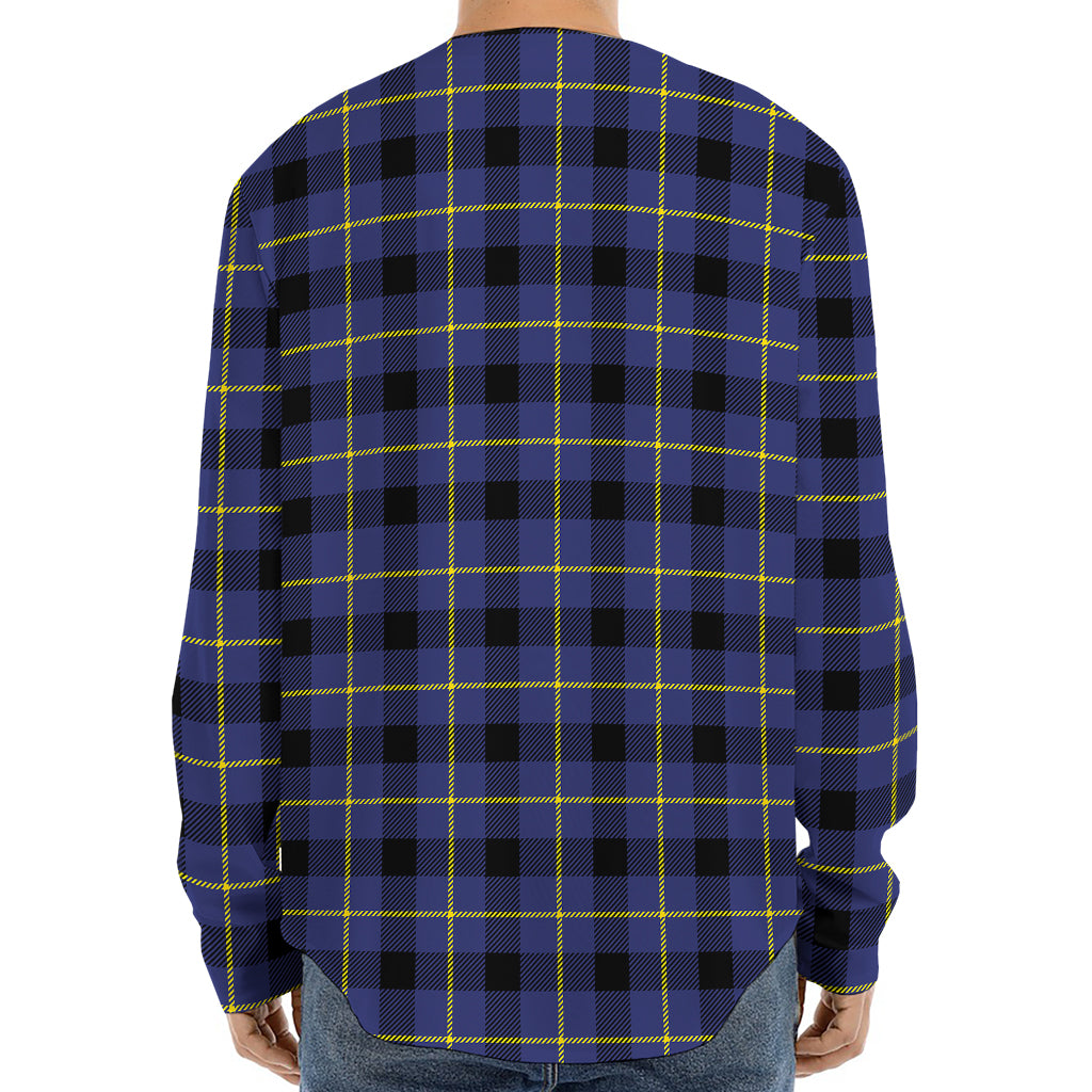 Blue Yellow And Black Plaid Print Long Sleeve Baseball Jersey