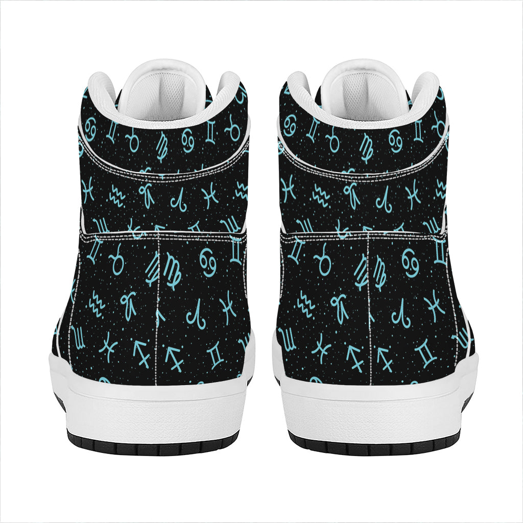 Blue Zodiac Symbols Pattern Print High Top Leather Sneakers