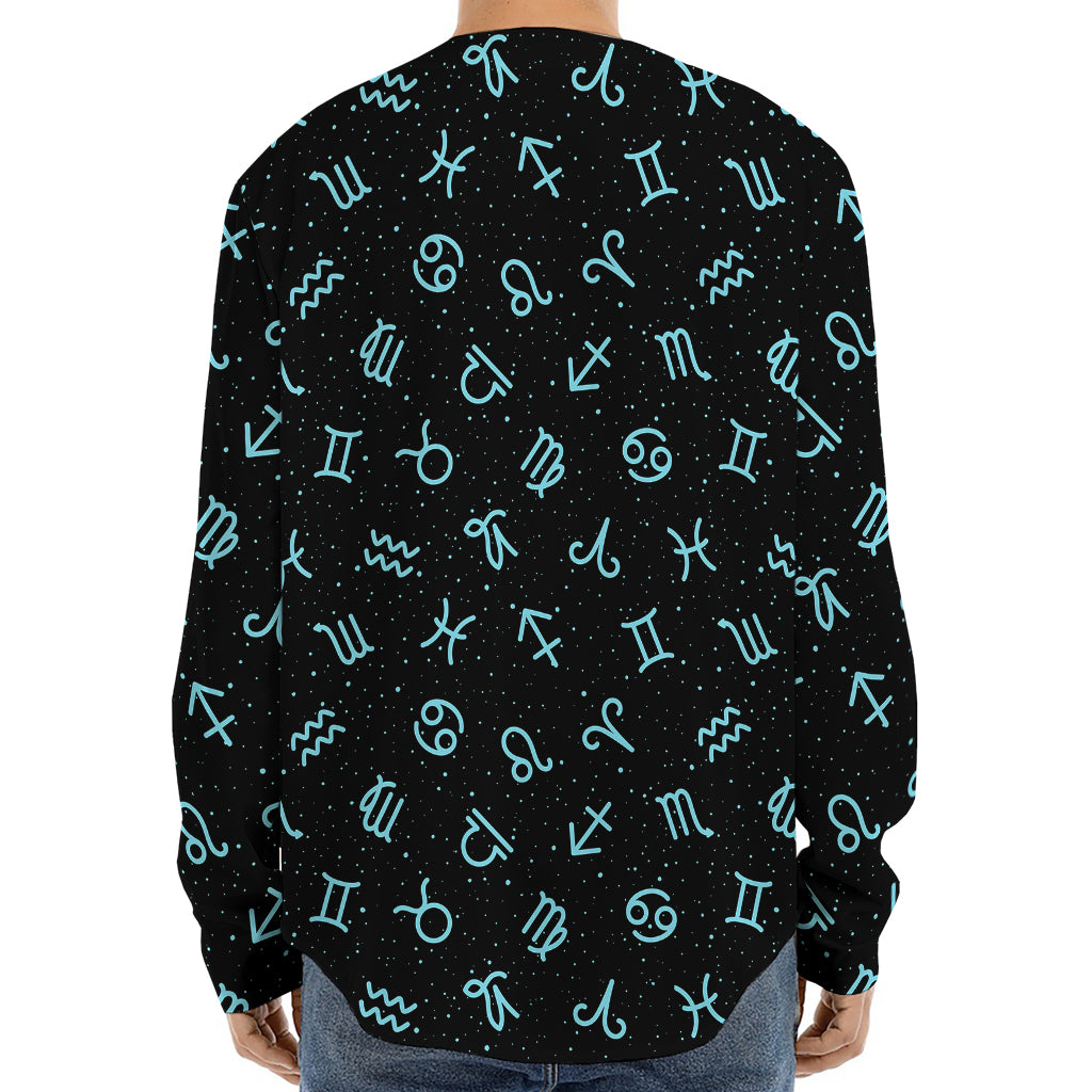 Blue Zodiac Symbols Pattern Print Long Sleeve Baseball Jersey